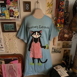 Vintage Funny Cat Graphic T-Shirt Pajama Dress Women's One Size Light Blue